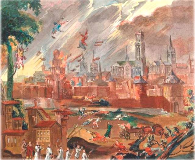 Afbeelding: de ontploffing van de Zandpoort van Mechelen. Aquarel van een onbekende artiest naar het schilderij in de Sint-Pieter-en Paulkerk te Mechelen. 